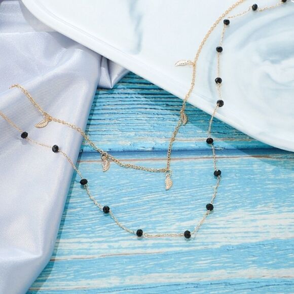 Double layered necklace Feathers and black beans zinc allow - Picture 6 of 12